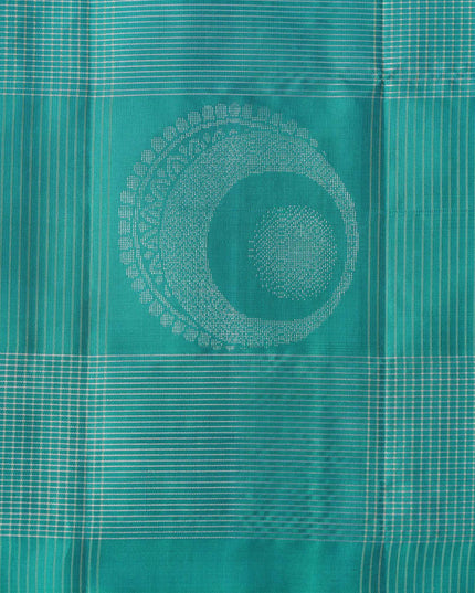 Turquoise Green Checked Butta Pattern Pure Soft Silk Saree with Contrast Copper Zari Border, 5.5 Meters with Blouse, Handwoven Origin India-D22749