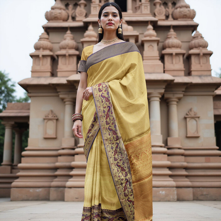 ساري حرير ناعم نقي، أصفر ذهبي مع حدود تقليدية بنقشة كستنائية، منسوج بزري ذهبي، 5.5 متر مع بلوزة، منسوج يدويًا، أصله الهند - D22751