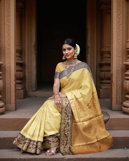 ساري حرير ناعم نقي، أصفر ذهبي مع حدود تقليدية بنقشة كستنائية، منسوج بزري ذهبي، 5.5 متر مع بلوزة، منسوج يدويًا، أصله الهند - D22751