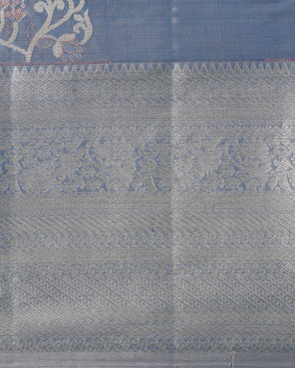 ساري زفاف من الحرير الخالص من قماش بوتا زاري أزرق فولاذي وفضي منسوج، مع حواف متباينة وتفاصيل معقدة، عرض 110 سم، صنع في الهند - D22752