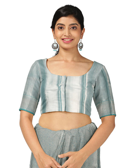 Sea Green and Silver Geometric Zari Woven Kanjeevaram Pure Silk Bridal Saree, Subtle Butta Pattern with Contrast Border, 110 cm Width, Made in India-D22754