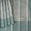 Sea Green and Silver Geometric Zari Woven Kanjeevaram Pure Silk Bridal Saree, Subtle Butta Pattern with Contrast Border, 110 cm Width, Made in India-D22754
