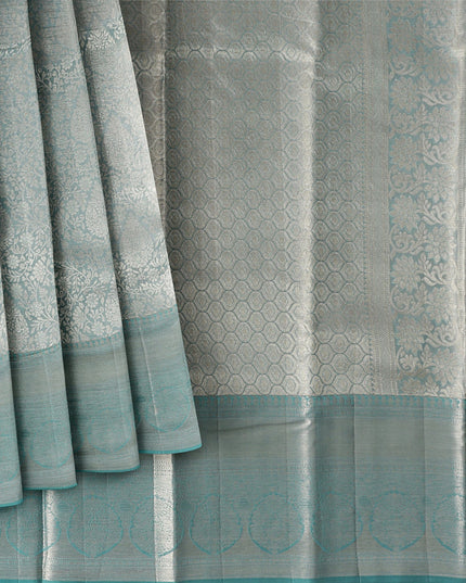 Sea Green and Silver Geometric Zari Woven Kanjeevaram Pure Silk Bridal Saree, Subtle Butta Pattern with Contrast Border, 110 cm Width, Made in India-D22754