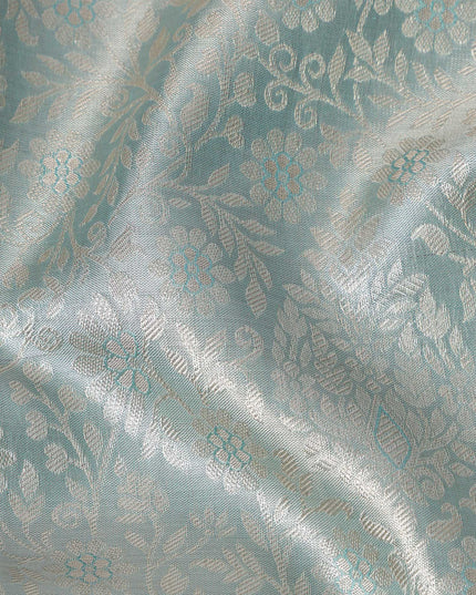 Sea Green and Silver Geometric Zari Woven Kanjeevaram Pure Silk Bridal Saree, Subtle Butta Pattern with Contrast Border, 110 cm Width, Made in India-D22754