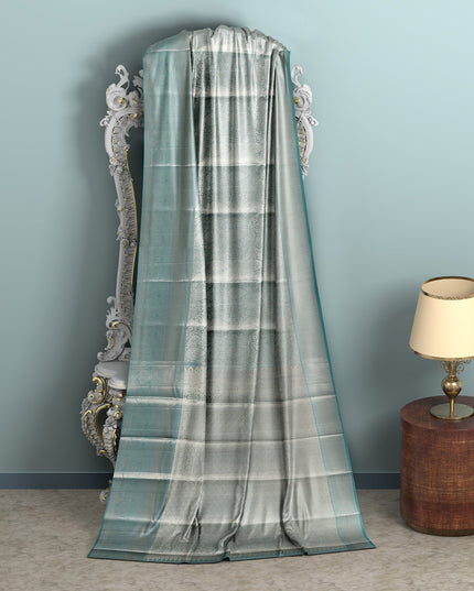 Sea Green and Silver Geometric Zari Woven Kanjeevaram Pure Silk Bridal Saree, Subtle Butta Pattern with Contrast Border, 110 cm Width, Made in India-D22754