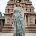 Sea Green and Silver Geometric Zari Woven Kanjeevaram Pure Silk Bridal Saree, Subtle Butta Pattern with Contrast Border, 110 cm Width, Made in India-D22754