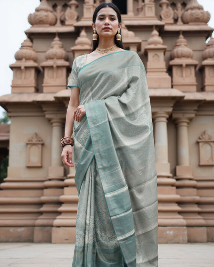 Sea Green and Silver Geometric Zari Woven Kanjeevaram Pure Silk Bridal Saree, Subtle Butta Pattern with Contrast Border, 110 cm Width, Made in India-D22754