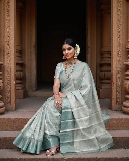 Sea Green and Silver Geometric Zari Woven Kanjeevaram Pure Silk Bridal Saree, Subtle Butta Pattern with Contrast Border, 110 cm Width, Made in India-D22754