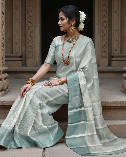 Sea Green and Silver Geometric Zari Woven Kanjeevaram Pure Silk Bridal Saree, Subtle Butta Pattern with Contrast Border, 110 cm Width, Made in India-D22754