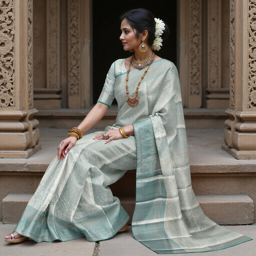 Sea Green and Silver Geometric Zari Woven Kanjeevaram Pure Silk Bridal Saree, Subtle Butta Pattern with Contrast Border, 110 cm Width, Made in India-D22754