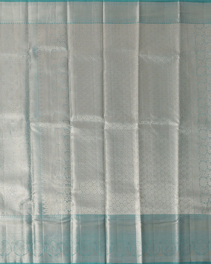 Sea Green and Silver Geometric Zari Woven Kanjeevaram Pure Silk Bridal Saree, Subtle Butta Pattern with Contrast Border, 110 cm Width, Made in India-D22754