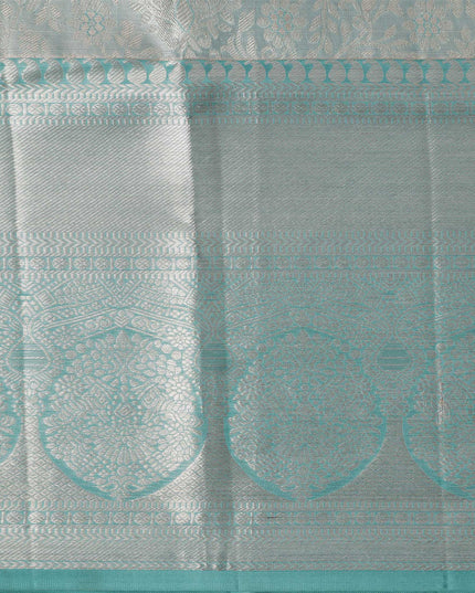 Sea Green and Silver Geometric Zari Woven Kanjeevaram Pure Silk Bridal Saree, Subtle Butta Pattern with Contrast Border, 110 cm Width, Made in India-D22754