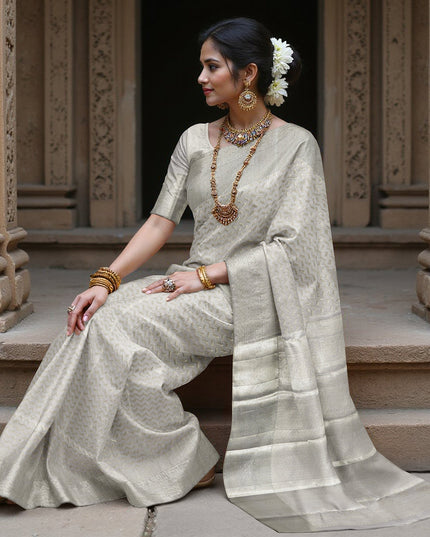 ساري زفاف كانجيفارام حرير نقي منسوج ذاتيًا باللون الرمادي الفضي، بنقشة شيفرون، بنمط هندسي رقيق، عرض 110 سم، صنع في الهند - D22755