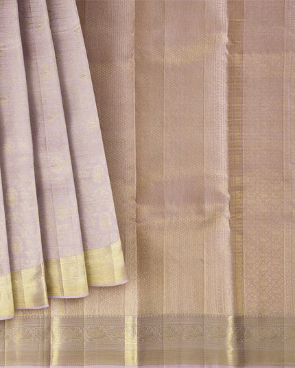 Dusty Pink and Gold Subtle Zari Striped Kanjeevaram Pure Silk Bridal Saree, Minimal Butta Design with Lustrous Border, 110 cm Width, Made in India-D22756