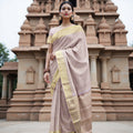 Dusty Pink and Gold Subtle Zari Striped Kanjeevaram Pure Silk Bridal Saree, Minimal Butta Design with Lustrous Border, 110 cm Width, Made in India-D22756