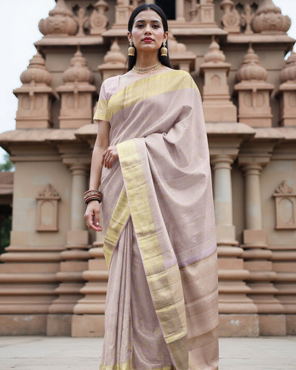 Dusty Pink and Gold Subtle Zari Striped Kanjeevaram Pure Silk Bridal Saree, Minimal Butta Design with Lustrous Border, 110 cm Width, Made in India-D22756
