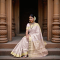 Dusty Pink and Gold Subtle Zari Striped Kanjeevaram Pure Silk Bridal Saree, Minimal Butta Design with Lustrous Border, 110 cm Width, Made in India-D22756