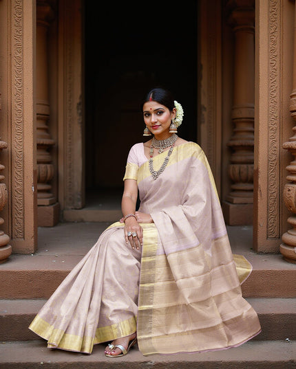 Dusty Pink and Gold Subtle Zari Striped Kanjeevaram Pure Silk Bridal Saree, Minimal Butta Design with Lustrous Border, 110 cm Width, Made in India-D22756