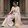 Dusty Pink and Gold Subtle Zari Striped Kanjeevaram Pure Silk Bridal Saree, Minimal Butta Design with Lustrous Border, 110 cm Width, Made in India-D22756