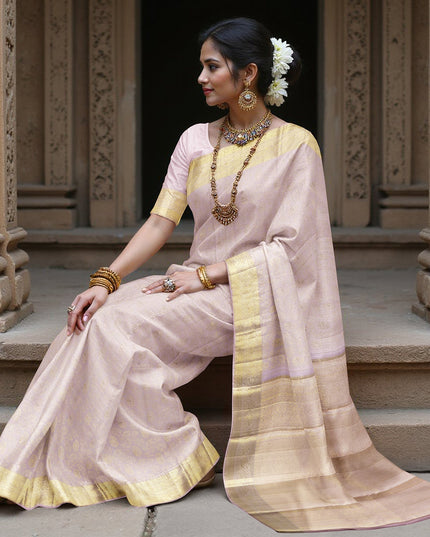 Dusty Pink and Gold Subtle Zari Striped Kanjeevaram Pure Silk Bridal Saree, Minimal Butta Design with Lustrous Border, 110 cm Width, Made in India-D22756