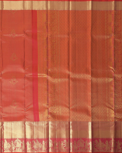 ساري زفاف كانجيفارام من الحرير الخالص، بلون برتقالي صدئ وذهبي، مع حافة معبد مزينة بنقشة زهور، عرض 110 سم، صنع في الهند - D22757