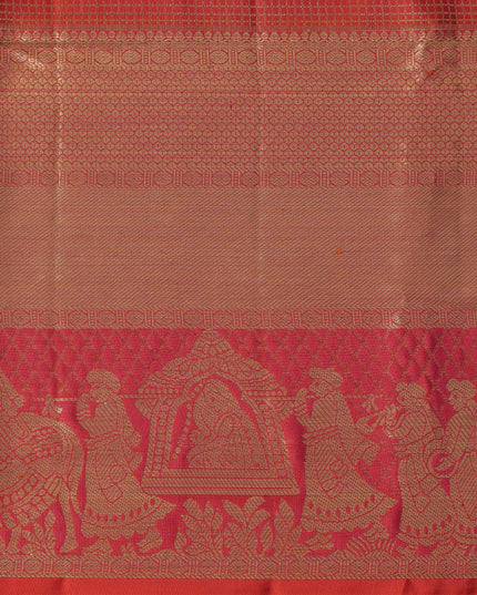 ساري زفاف كانجيفارام من الحرير الخالص، بلون برتقالي صدئ وذهبي، مع حافة معبد مزينة بنقشة زهور، عرض 110 سم، صنع في الهند - D22757