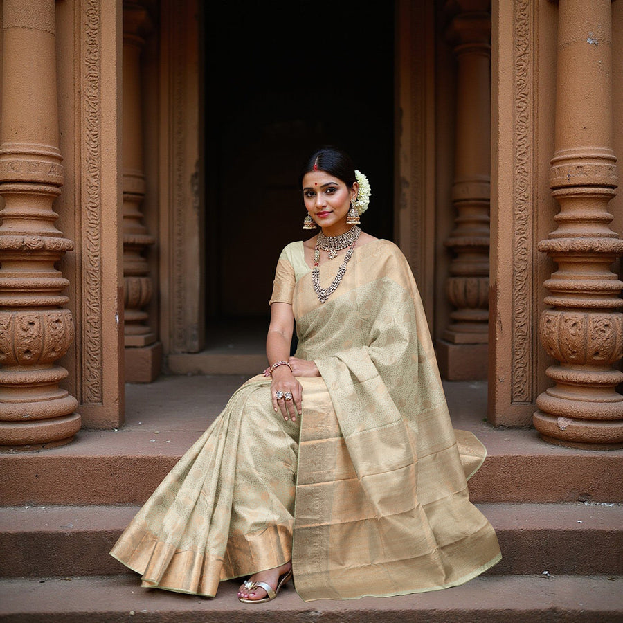 ساري زفاف دائري من الحرير الخالص، باللونين البيج والأخضر النعناعي، من زاري بوتا كانجيفارام، مع حافة مزخرفة وتفاصيل بالو رقيقة، عرض 110 سم، صنع في الهند - D22758