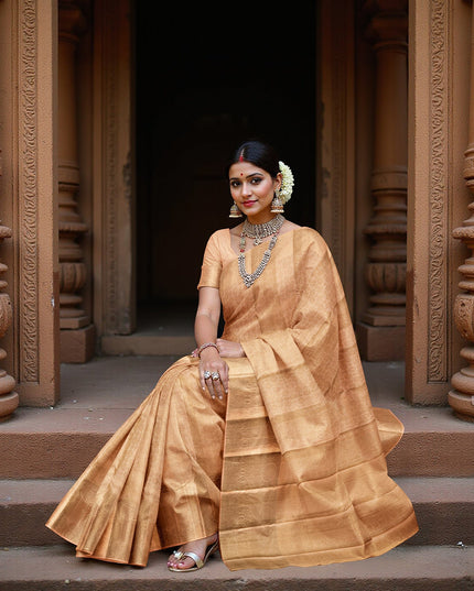 Golden Peach Self Zari Circle Motif Kanjeevaram Pure Silk Bridal Saree, Subtle Checked Weave and Lustrous Finish, 110 cm Width, Made in India-D22760
