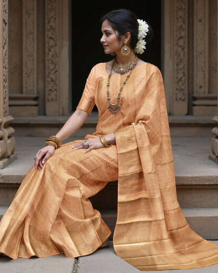 Golden Peach Self Zari Circle Motif Kanjeevaram Pure Silk Bridal Saree, Subtle Checked Weave and Lustrous Finish, 110 cm Width, Made in India-D22760