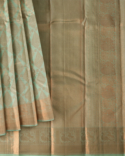 ساري زفاف كانجيفارام من الحرير الخالص، مرصع بالألماس باللون الأخضر الفستقي والذهبي، مزخرف بنقشة بالو مع حدود رقيقة، عرض 110 سم، صنع في الهند - D22761