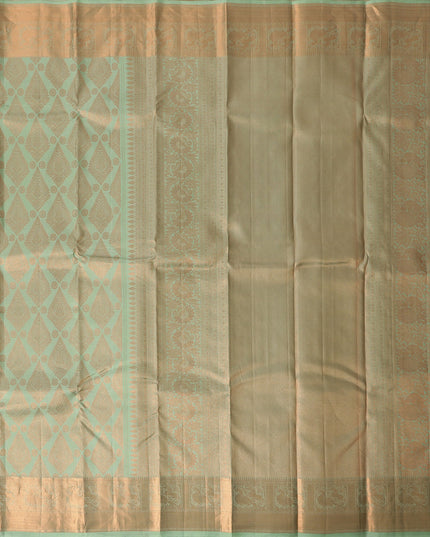 ساري زفاف كانجيفارام من الحرير الخالص، مرصع بالألماس باللون الأخضر الفستقي والذهبي، مزخرف بنقشة بالو مع حدود رقيقة، عرض 110 سم، صنع في الهند - D22761