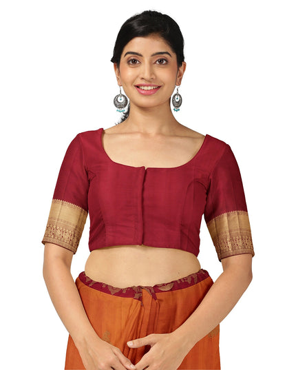 Burnt Orange and Maroon Gold Leaf Butta Kanjeevaram Pure Silk Bridal Saree, Temple Motif Border with Circular Zari Pallu, 110 cm Width, Made in India-D22762