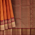 Burnt Orange and Maroon Gold Leaf Butta Kanjeevaram Pure Silk Bridal Saree, Temple Motif Border with Circular Zari Pallu, 110 cm Width, Made in India-D22762