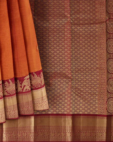 Burnt Orange and Maroon Gold Leaf Butta Kanjeevaram Pure Silk Bridal Saree, Temple Motif Border with Circular Zari Pallu, 110 cm Width, Made in India-D22762