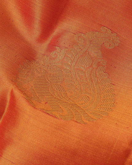 Burnt Orange and Maroon Gold Leaf Butta Kanjeevaram Pure Silk Bridal Saree, Temple Motif Border with Circular Zari Pallu, 110 cm Width, Made in India-D22762