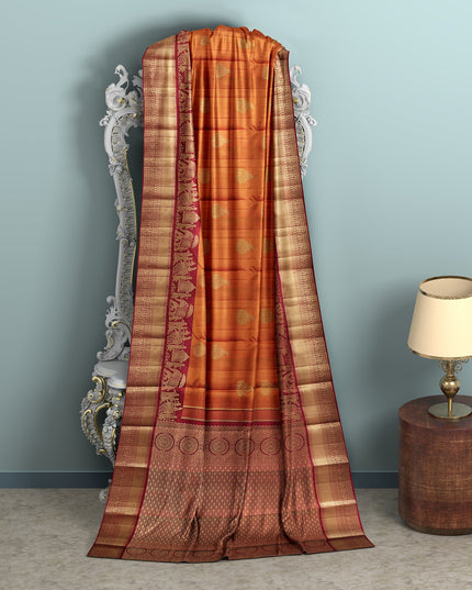 Burnt Orange and Maroon Gold Leaf Butta Kanjeevaram Pure Silk Bridal Saree, Temple Motif Border with Circular Zari Pallu, 110 cm Width, Made in India-D22762