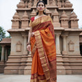 Burnt Orange and Maroon Gold Leaf Butta Kanjeevaram Pure Silk Bridal Saree, Temple Motif Border with Circular Zari Pallu, 110 cm Width, Made in India-D22762