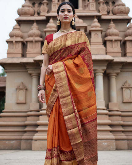 Burnt Orange and Maroon Gold Leaf Butta Kanjeevaram Pure Silk Bridal Saree, Temple Motif Border with Circular Zari Pallu, 110 cm Width, Made in India-D22762