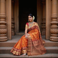 Burnt Orange and Maroon Gold Leaf Butta Kanjeevaram Pure Silk Bridal Saree, Temple Motif Border with Circular Zari Pallu, 110 cm Width, Made in India-D22762