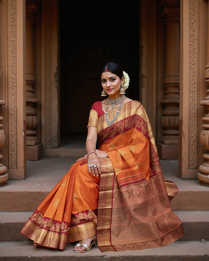 Burnt Orange and Maroon Gold Leaf Butta Kanjeevaram Pure Silk Bridal Saree, Temple Motif Border with Circular Zari Pallu, 110 cm Width, Made in India-D22762