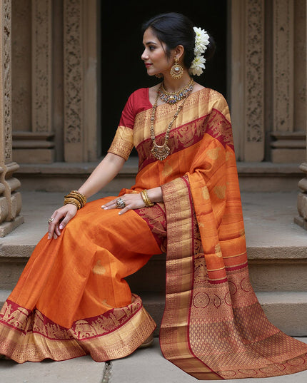 Burnt Orange and Maroon Gold Leaf Butta Kanjeevaram Pure Silk Bridal Saree, Temple Motif Border with Circular Zari Pallu, 110 cm Width, Made in India-D22762