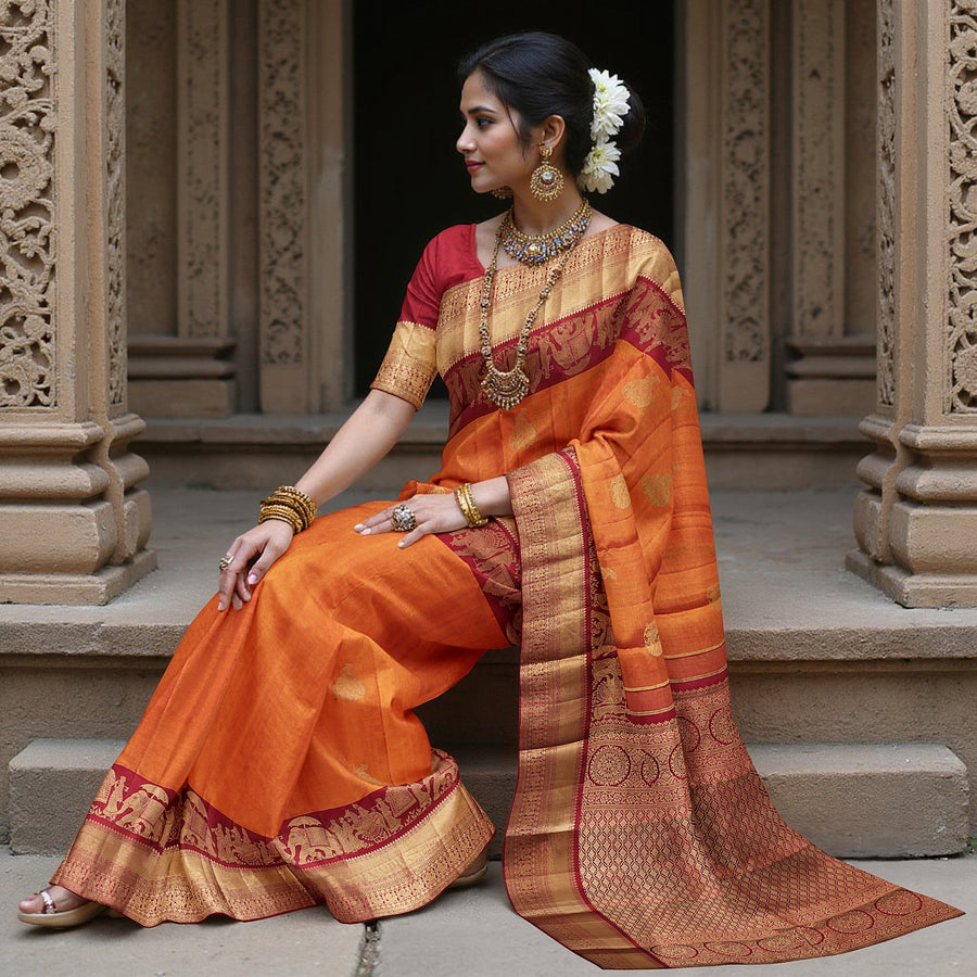 Burnt Orange and Maroon Gold Leaf Butta Kanjeevaram Pure Silk Bridal Saree, Temple Motif Border with Circular Zari Pallu, 110 cm Width, Made in India-D22762