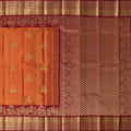 Burnt Orange and Maroon Gold Leaf Butta Kanjeevaram Pure Silk Bridal Saree, Temple Motif Border with Circular Zari Pallu, 110 cm Width, Made in India-D22762