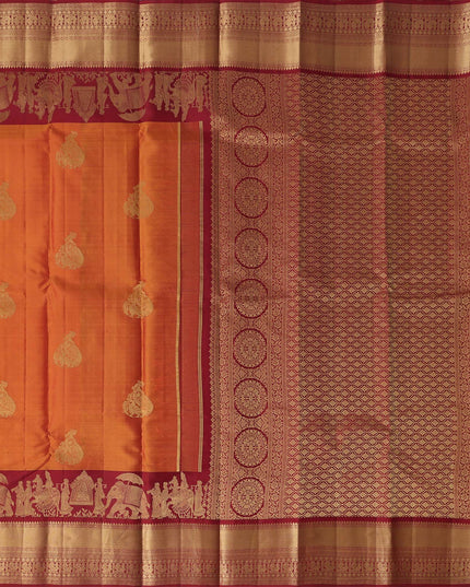 Burnt Orange and Maroon Gold Leaf Butta Kanjeevaram Pure Silk Bridal Saree, Temple Motif Border with Circular Zari Pallu, 110 cm Width, Made in India-D22762