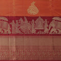 Burnt Orange and Maroon Gold Leaf Butta Kanjeevaram Pure Silk Bridal Saree, Temple Motif Border with Circular Zari Pallu, 110 cm Width, Made in India-D22762