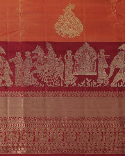 Burnt Orange and Maroon Gold Leaf Butta Kanjeevaram Pure Silk Bridal Saree, Temple Motif Border with Circular Zari Pallu, 110 cm Width, Made in India-D22762