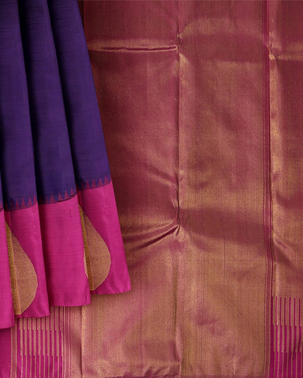 Purple and Rani Pink Bold Leaf Zari Motif Kanjeevaram Pure Silk Bridal Saree, Contrast Pallu with Minimal Gold Border, 110 cm Width, Made in India-D22763