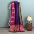 Purple and Rani Pink Bold Leaf Zari Motif Kanjeevaram Pure Silk Bridal Saree, Contrast Pallu with Minimal Gold Border, 110 cm Width, Made in India-D22763