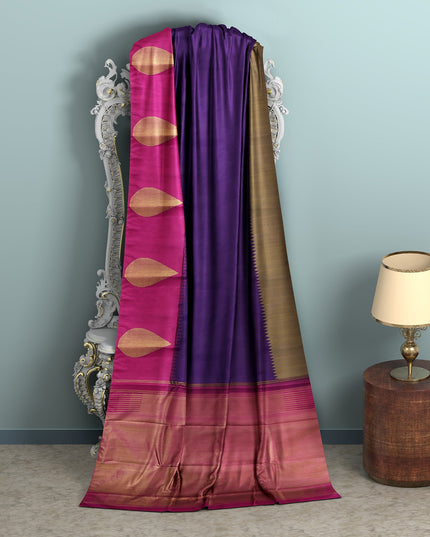 Purple and Rani Pink Bold Leaf Zari Motif Kanjeevaram Pure Silk Bridal Saree, Contrast Pallu with Minimal Gold Border, 110 cm Width, Made in India-D22763
