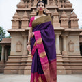 Purple and Rani Pink Bold Leaf Zari Motif Kanjeevaram Pure Silk Bridal Saree, Contrast Pallu with Minimal Gold Border, 110 cm Width, Made in India-D22763